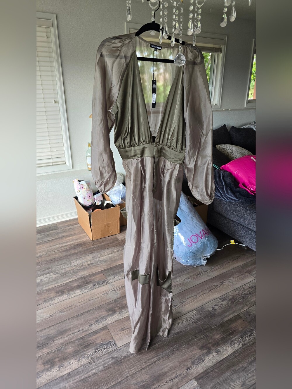 Satin Olive Green Plunge Maxi Jumpsuit
